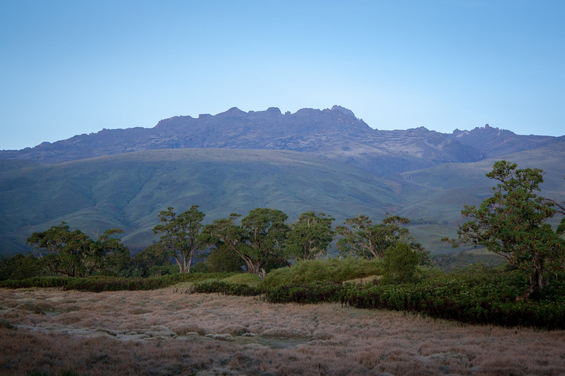 The jagged main peaks of Mt. Kenya seen from the north-east